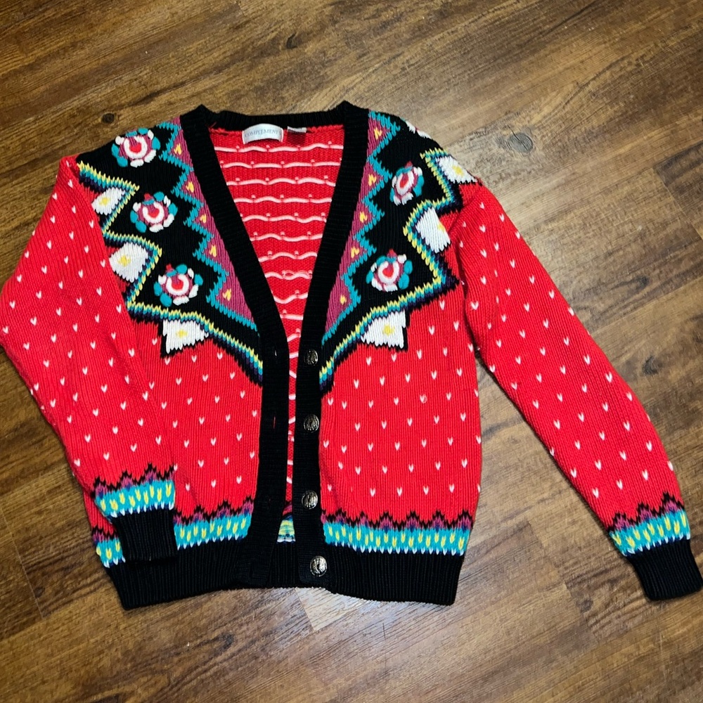 Complements 90s Retro Red Colorful Knit Button Up Cardigan Sweater Size S